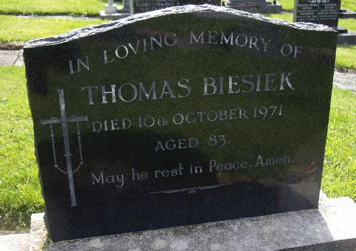 Thomas Biesiek headstone at 
Inglewood cemetery.