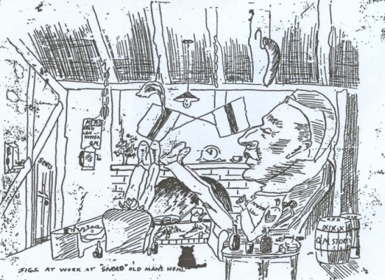 Cartoon of Fred  
reclining in a chair in his dug-out, Polish sausages hanging from ceiling