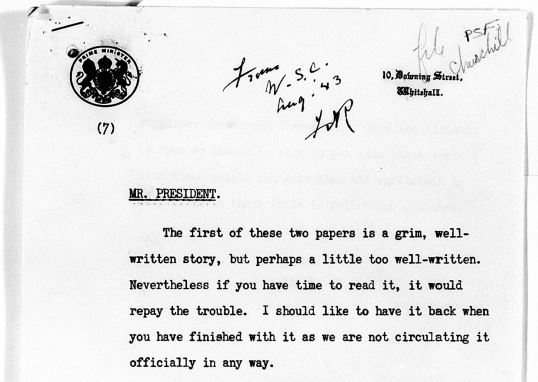 Front half-page of Curchill's letter to FDR