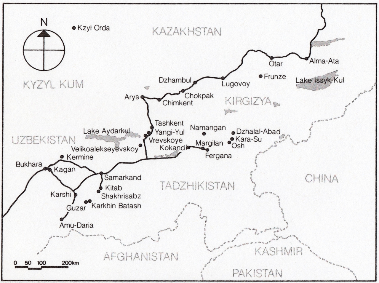 Black and white 
map showing road links between the Polish enlishment stations in the USSR.