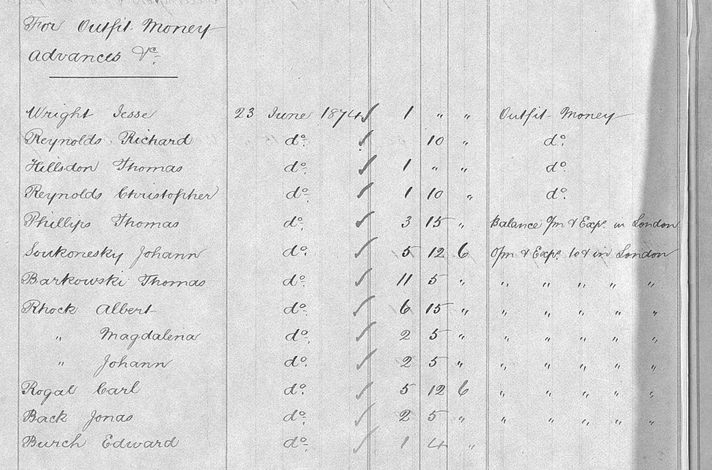 A section of the ship's manifest showing names and amounts owed